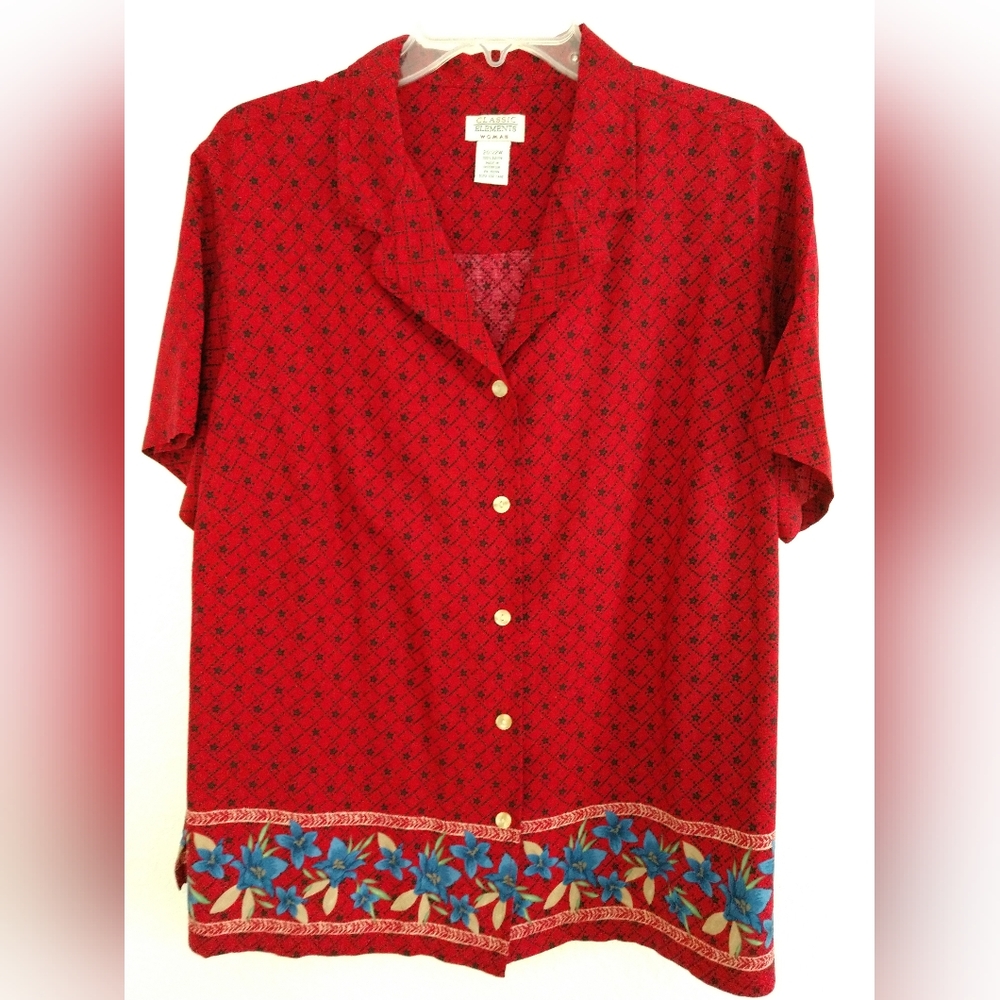 Classic Elements Red Blue Short Sleeve Button Front Shirt Rayon Size 20W / 22W,